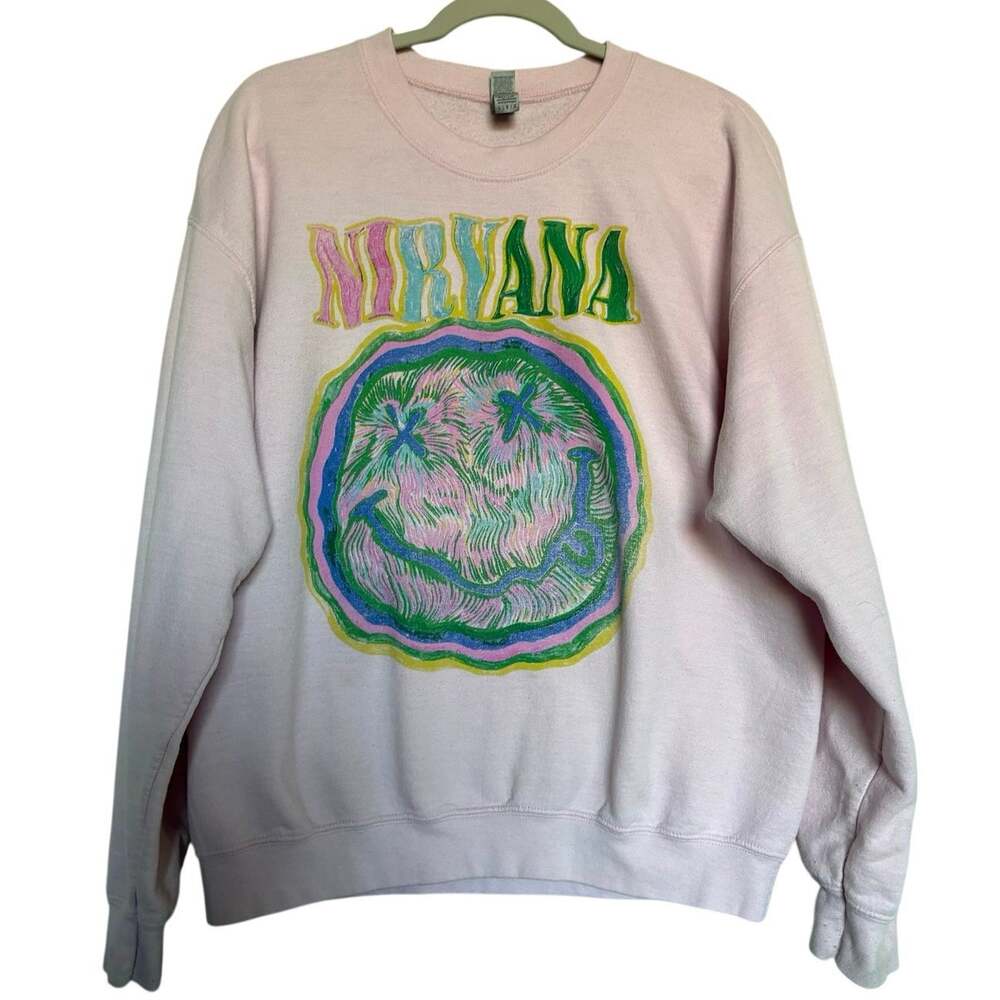 Nirvana Pastel Psychedelic Smiley Face Crewneck Sweatshirt L Pink Purple